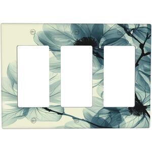 Triple Rocker Light Switch Cover – Ink Flower Cyan Blue Wall Plate, 6.4"x4.5"